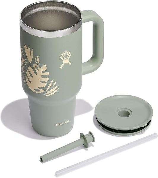 Hydro Flask Travel Tumbler with Handle, Lid and Straw - Insulated Stainless Steel in 32 Oz Botanical Bliss Green