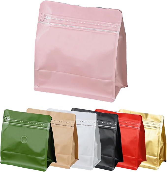 50 Pcs 4oz Pink Sqaure Coffee Bean Bags with No-Valve, Easy Tear Open & Repeating Sealed Zipper, Heat-Seal Stand Up & Flat Bottom Tea Bag, 1/4 lb Capacity 5.3x5.7 Inch
