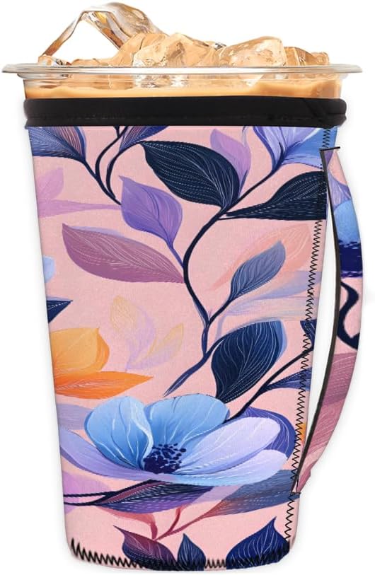 Reusable Iced Coffee Cup Sleeve Blue Flowers Leaves Neoprene Insulated Sleeves Cup Holder with handle Idea for 16oz - 18oz