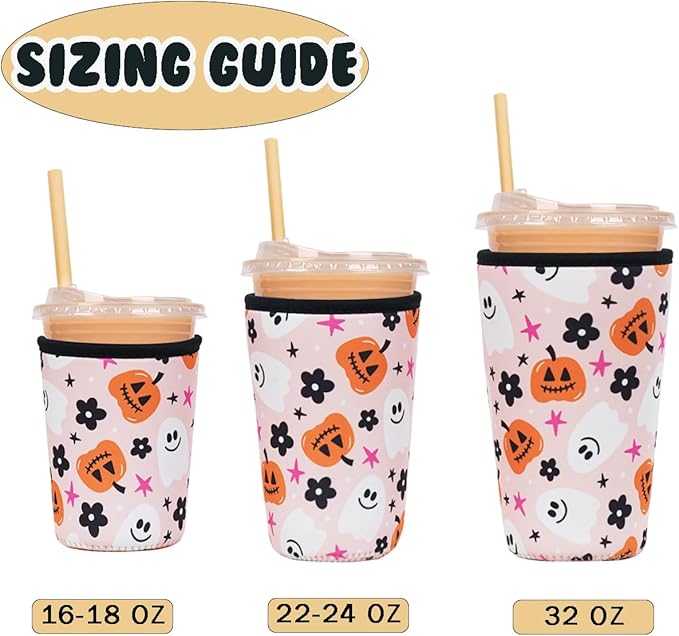 Reusable Insulated Neoprene Iced Coffee Cup Sleeve, Durable Drink Sleeve for Cold Beverages, Beverage Holder for Iced Coffee, Hello Pumpkin