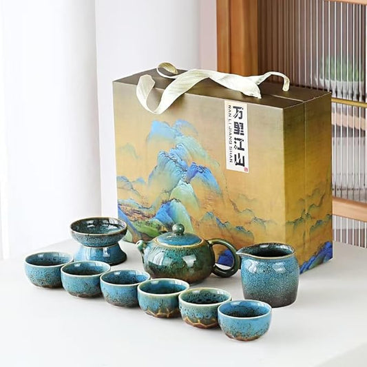 Chinese Tea Set, 10-Piece Ceramic Set with Teapot and Cups, Gongfu Tea Set,Tea Gift Sets,Outdoor and Office (Kiln-Changed Blue)