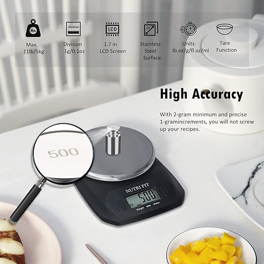 NUTRI FIT Digital Food Scale Small Kitchen Scales Weight in Grams and OZ for Cooking Baking Weight Loss, Stainless Steel Tare & Backlit LCD Display, Black
