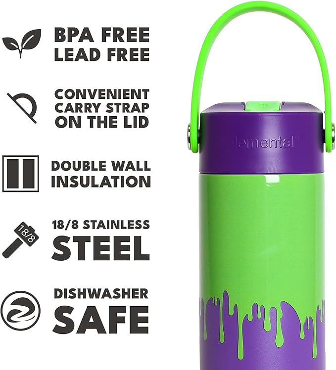 Elemental 24oz Insulated Water Bottle with Straw - 100% Leak-Proof Stainless Steel Core Water Bottles for Travel, Sports and Gym - Double Wall Insulation & BPA Free - Poison Drip