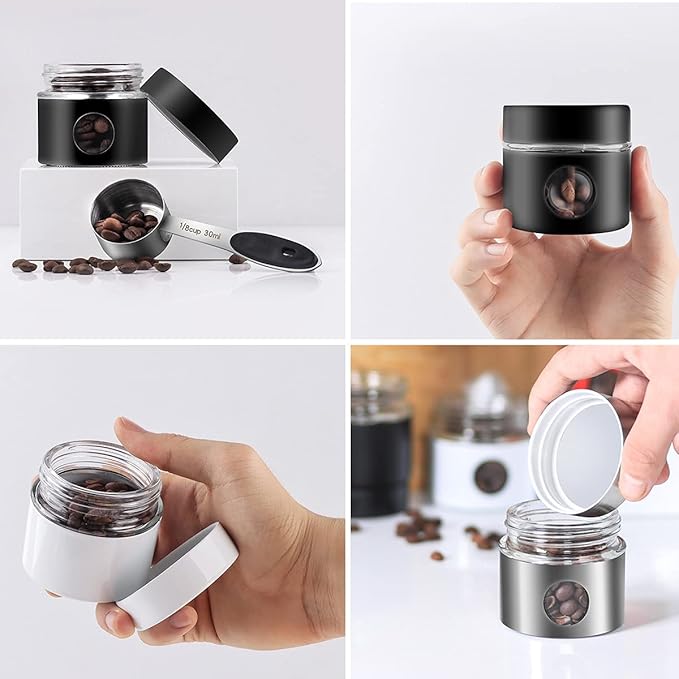 Coffee Canister Travel Jar, Mini Airtight Stainless Steel and Glass Food Storage Container Great for Coffee Bean and Coffee Grounds- White, 1.4 OZ