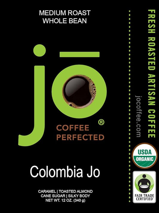 Colombia Jo: 12 oz, Organic Whole Bean Gourmet Coffee, Medium Roast, Creamy Body, Fair Trade Certified, USDA Certified Organic, 100% Arabica, NON-GMO Gluten Free, Gourmet Specialty Grade by Jo Coffee®