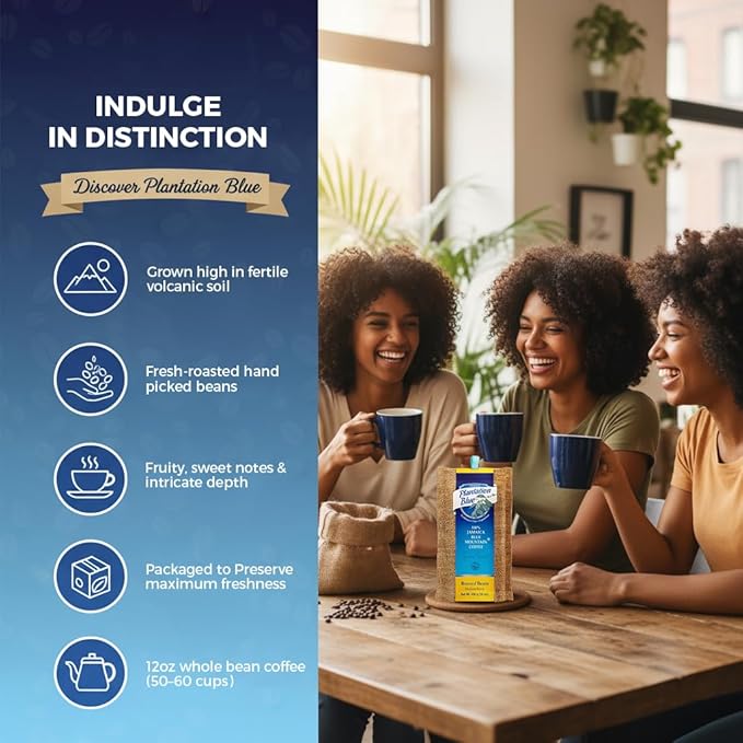 Plantation Blue 100% Blue Mountain Coffee from Jamaica, Medium Roasted Whole Beans (12oz)