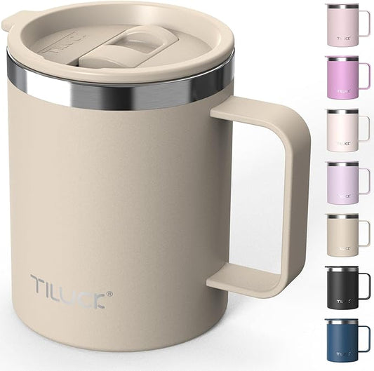 TILUCK 12 oz Insulated Coffee Mug with Lid,Stainless Steel Travel Mug Cup with Handle for Hot or Cold Drinks(MistyGray, 12oz)