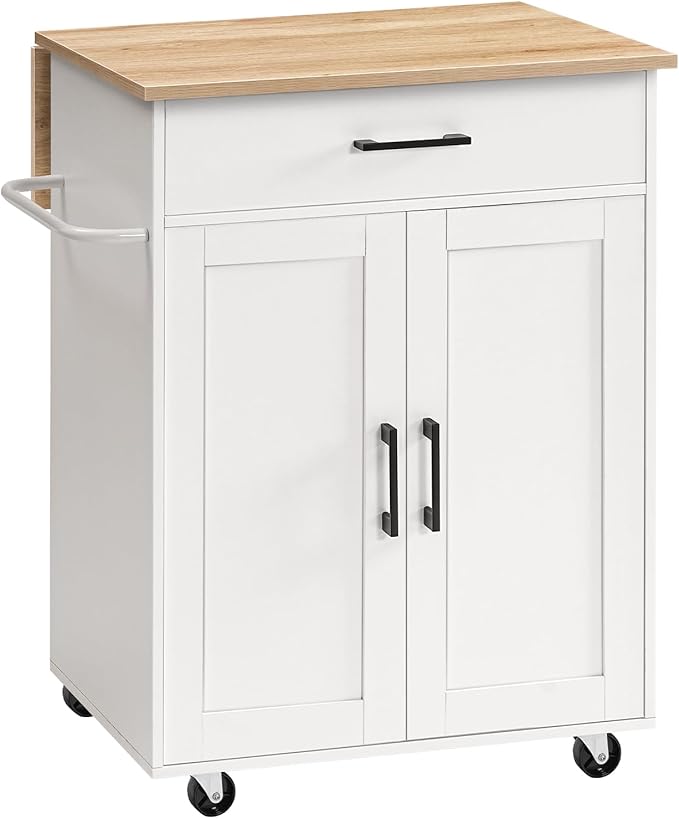 Kitchen Island on Wheels with Drop Leaf, Folding Countertop Kitchen Island Cart, Kitchen Island Table with Towel Rack, Drawer, for Kitchen, Dining Room, White and Natural KINW12501