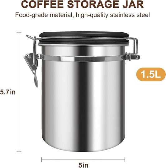 1.5L Airtight Vacuum Coffee Canister, Stainless Steel Storage Container for Coffee Beans and Grounds with Scoop.Suitable for coffee powder, coffee beans, rice, tea leaves, sugar, flour, and grains