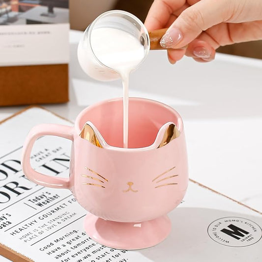 Yuwu Ceramic Coffee Mug, Cute Cat Tea Mug with Spoon, Funny Gifts for Women Girls for cat lovers (Pink)