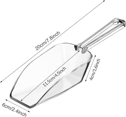 Hestya 4 Pcs Multi Purpose Clear Plastic Scoops for Candy Buffet Acrylic Kitchen Ice Food Popcorn Scoops for Protein Powders, Ice Cream, Coffee, Tea Jar (7.8 Inch)