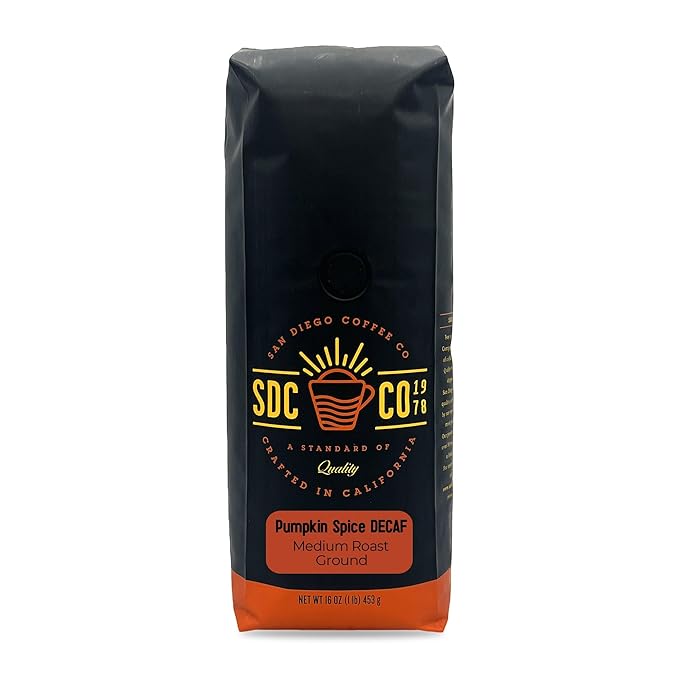 San Diego Coffee DECAF Pumpkin Spice, Medium Roast, Ground Coffee, 16-Ounce Bag Café descafeinado molido tostado