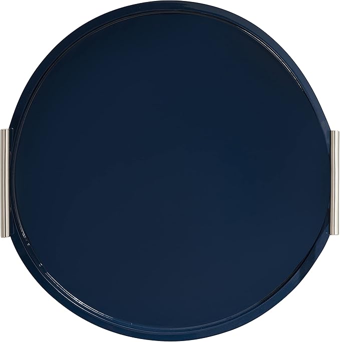 Kate And Laurel Lipton Modern Round Tray; 15.5 Diameter; Navy and Silver; Decorative Accent Tray for Storage and Display