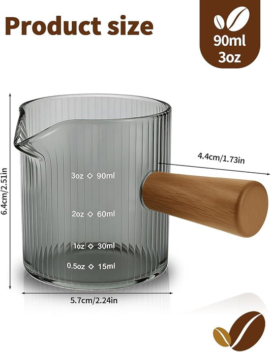 Espresso Measuring Cup 3 Oz, Espresso Glass Cups with Wood Handle, Milk Frothing Cup, Espresso Cup for Coffee, Milk, Tea or Maple Syrup Serving (Gray, 3 oz)
