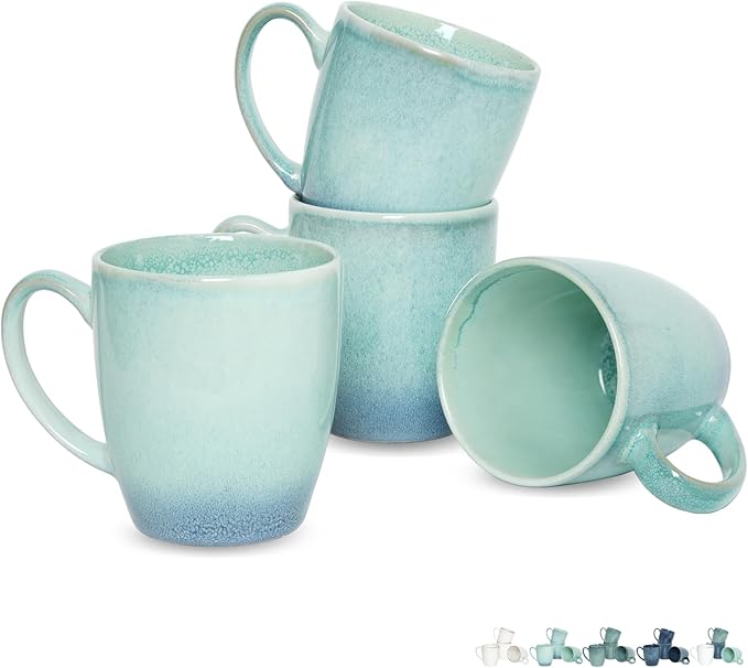 Bosmarlin Ceramic Coffee Mug Set of 4, 17 Oz, Coffee Cups with Big Handle, Microwave Safe, Unique Reactive Glaze (Pale Green, 17 Oz)