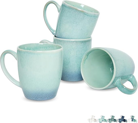 Bosmarlin Ceramic Coffee Mug Set of 4, 17 Oz, Coffee Cups with Big Handle, Microwave Safe, Unique Reactive Glaze (Pale Green, 17 Oz)