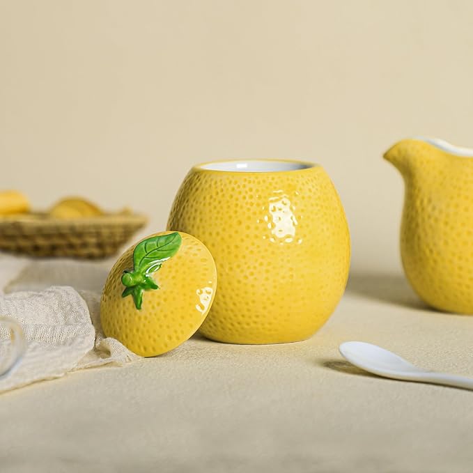CHOOLD Ceramic Lemon Shape Creamer and Sugar Bowl Set, Cream Pitcher, Sugar Bowl with Lid, Coffee Serving Set