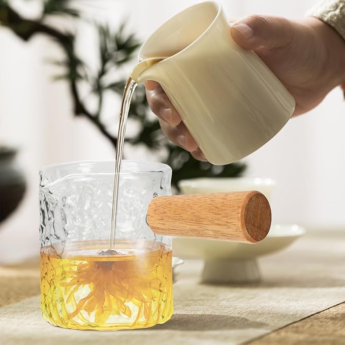 Hammered Glass Espresso Shot Cup with Wood Handle - 100ml / 3.4oz Small Milk Creamer Pitcher with Spout - Heat Resistant Borosilicate Glass Measuring Cup for Coffee, Latte, Syrup, Sauces