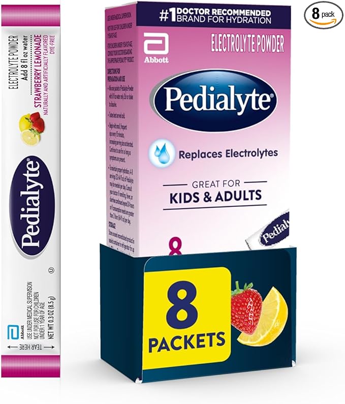 Pedialyte Electrolyte Powder, Hydration Drink for Kids & Adults, Strawberry Lemonade, 8 Powder Packets
