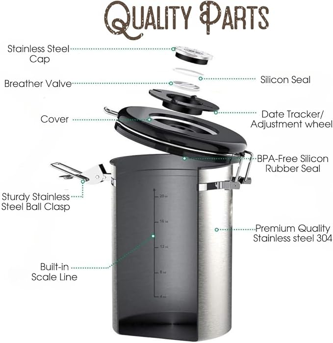 Coffee Grounds and Beans Container Canister with Date Tracker, CO2-Release Valve and Measuring Scoop - Made of Stainless Steel with Airtight Lids - Large, 22oz, Black w/Wood Print Lid