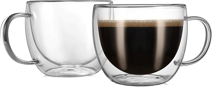 CNGLASS Double Wall Glass Cappuccino Mugs 8.1oz,Clear Insulated Glass Coffee Mug with Handle for Espresso,Latte,Tea,Set of 2 | Double Wall, Insulated, Glass Coffee Mug, with Handle, for Espresso, Latte