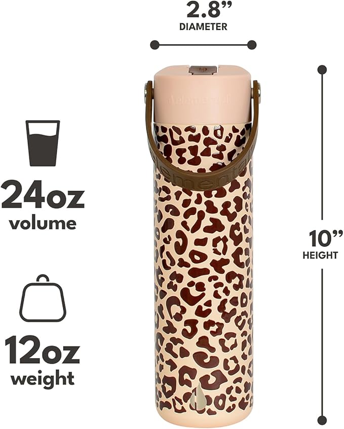 Elemental 24oz Insulated Water Bottle with Straw - 100% Leak-Proof Stainless Steel Core Water Bottles for Travel, Sports and Gym - Double Wall Insulation & BPA Free - Beige Leopard
