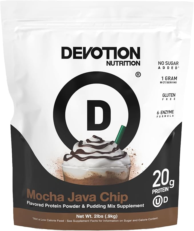 Devotion Nutrition Protein Powder Mocha Java Chip – 20g Whey Isolate & Casein Protein Blend – No Added Sugar, Low Carb, Gluten-Free, Keto-Friendly, 1g MCT, Kosher – 2lb Pouch