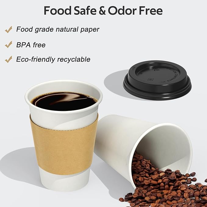 Dealusy 100 Pack 12 oz Disposable Coffee Cups with Lids and Sleeves, Sturdy Thick Paper & Leak-free Insulated to Go Paper Hot Coffee Cups with Sip Lids for Hot & Cold Beverage | with Lids, and Sleeves, Sturdy, Leak-free, Insulated, to Go Coffee Cups