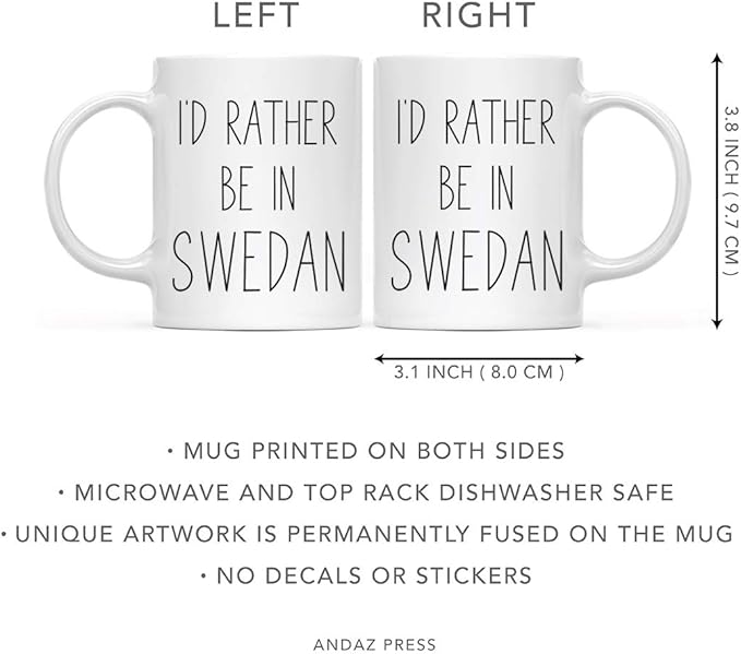 Andaz Press World Country Adventure 11oz. Coffee Mug Gift, I'd Rather Be in Sweden, 1-Pack, Summer Vacation Long Distance College Going Away Study Abroad Birthday Christmas Gifts