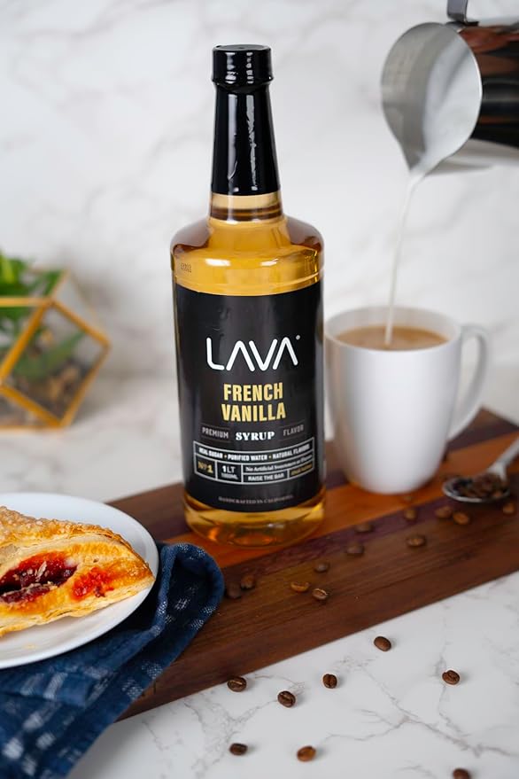 LAVA Premium French Vanilla Syrup, Natural Vanilla Coffee Sweetener, 33.8oz (1-Liter), Made with 100% Sugar, No Artificial Sweeteners, Flavors, or Colors. (1-Pack)