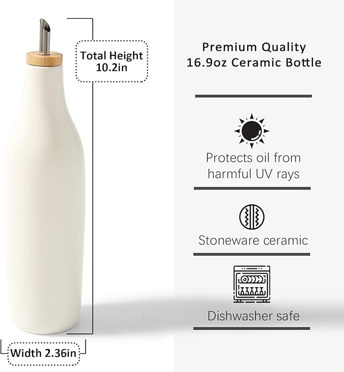 HOMCDALY Olive Oil and Vinegar Dispenser Set, Two 16oz Ceramic Oil Dispenser for Kitchen, Kitchen Dispenser Bottle for EVOO Vinegar Syrups, Modern Farmhouse Design| Set of 2 – white