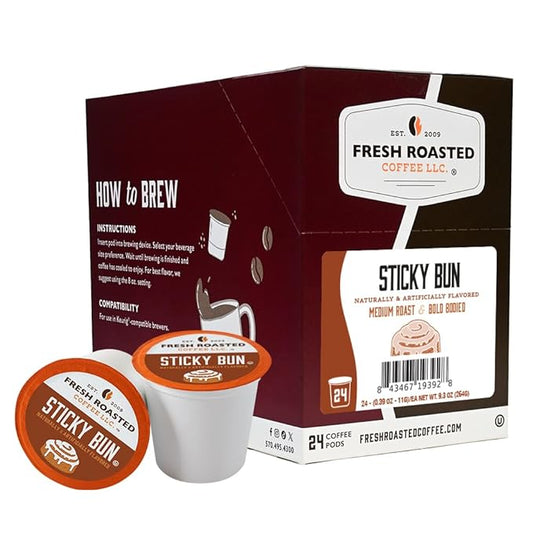 Fresh Roasted Coffee, Sticky Bun, Flavored Coffee Pods, K-Cup Compatible, 24 Count