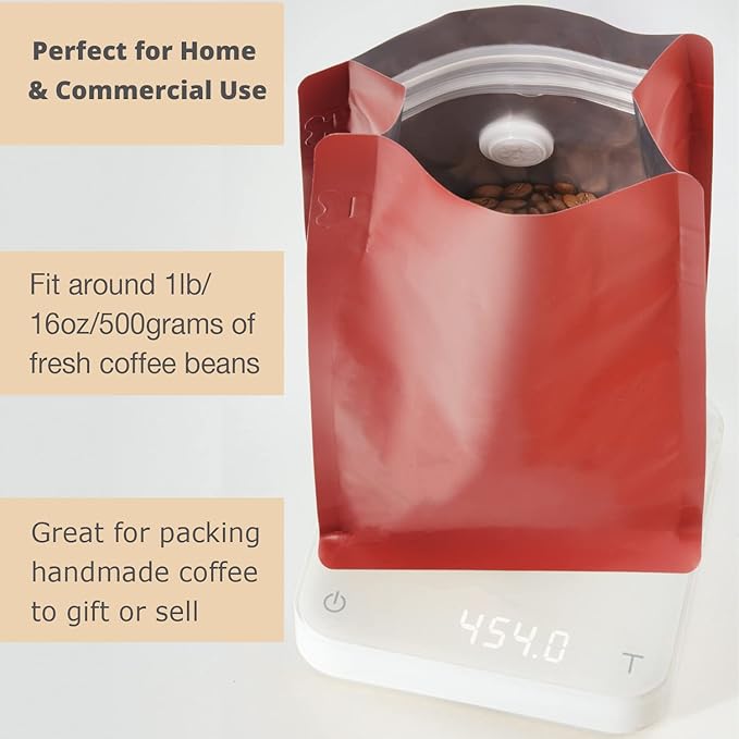 100 Count 16oz Red Coffee Bags with Aluminum Foil Liner, High Barrier Coffee Pouches with Degassing Valve, Ziplock Food Storage Bags with Pull Tape, Pack of 100, 16oz/1lb/500gram