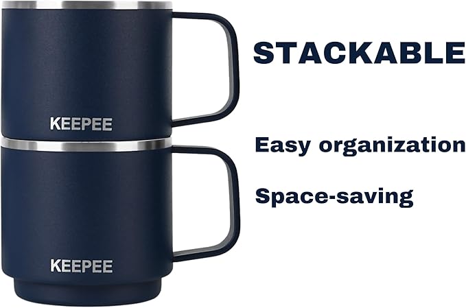 4 oz Stackable Cup with Handle, Vacuum Insulated Espresso Coffee Cup with Ceramic Coating, Stainless Steel, 2 Pack, Navy