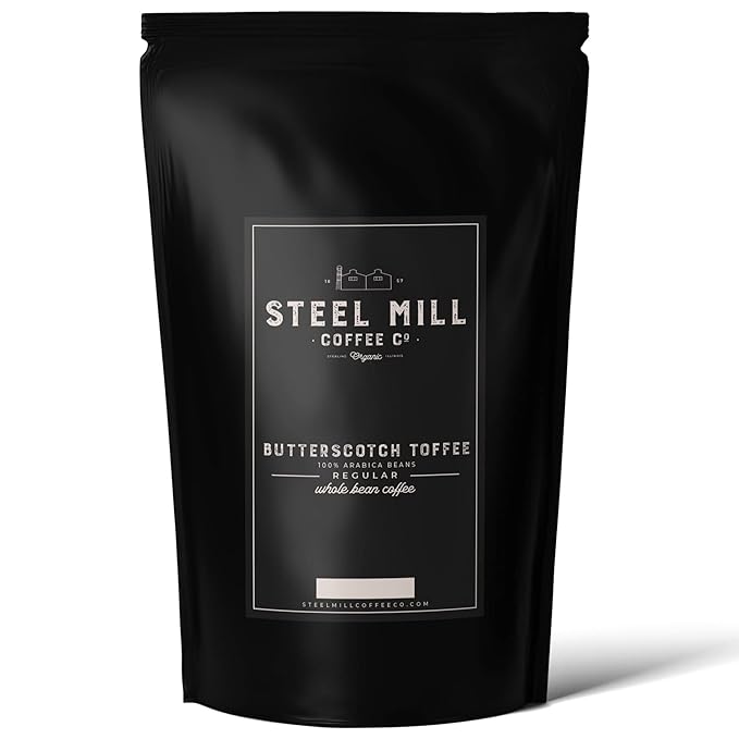 Steel Mill Coffee Co. Butterscotch Toffee Flavored Coffee – Ground – Medium Roast – 100% Arabica Beans – Vegan, Gluten-Free, Sugar-Free – 12 oz Bag
