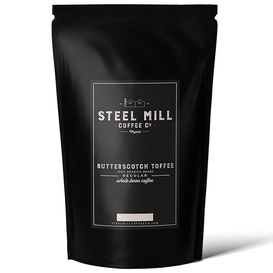 Steel Mill Coffee Co. Butterscotch Toffee Flavored Coffee – Ground – Medium Roast – 100% Arabica Beans – Vegan, Gluten-Free, Sugar-Free – 12 oz Bag