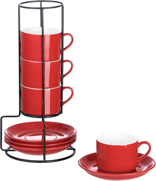 Meichu 4oz Porcelain Stackable Espresso Cups with Saucers and Metal Stand Set of 4, Stackable Espresso Cups Set of 4, Red Expresso Shots Cup Set for Coffee Drinks, Cappuccino Latte, Americano, Tea