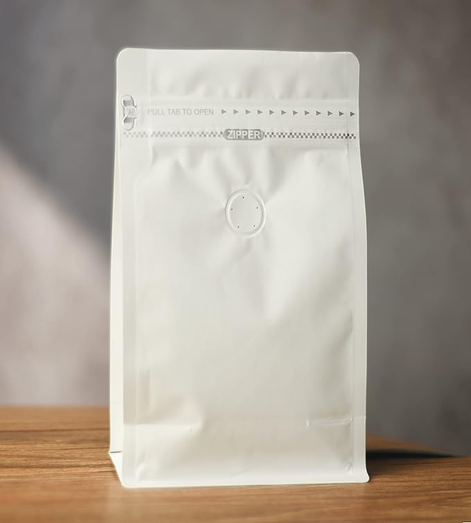 50 Count 4 Ounces White Kraft Paper Coffee Bags - High Barrier Aluminium Foil Liner - Flat Bottom Coffee Pouches with Degassing Valve, Food Storage Bags with Rsealable Zipper & Easy Open Tape (50pcs, 4oz/0.25lb/100g)