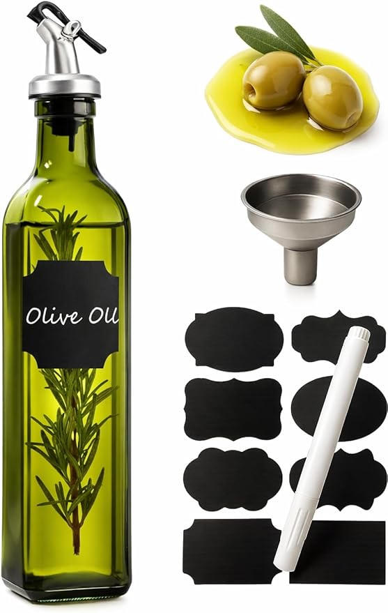 WERTIOO Green Olive Oil Dispenser Bottle,17oz Glass Oil and Vinegar Dispenser for Kitchen, 500ml Glass Bottles for Vinegar Oliveoil with Label and Funnel
