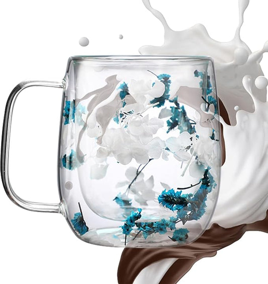 Dried Flowers Insulated Glass Double Wall Coffee Mug With Handle 250ml/390ml Transparent Double Glases Flower Tea Cup Latte Coffee Cup Borosilicate Glass Tea Mug