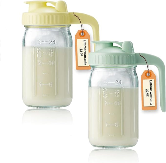 32oz Glass Pitcher with Lid & V-shaped Pour Spout - 1 Quart Double Leak Proof, Creamer Container for Sun Tea, Juice, Cold Brew Coffee, Breastmilk Storage Container