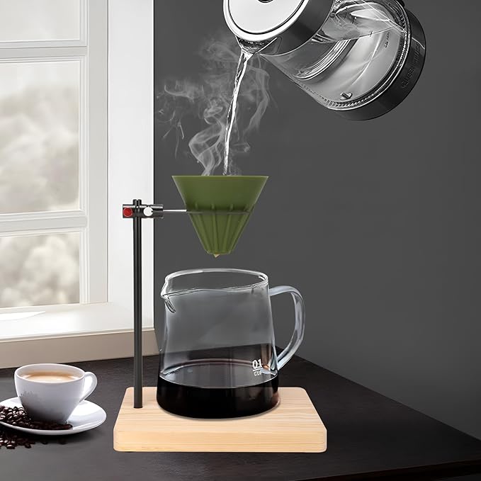 Pour Over Coffee Maker Set - Silicone Dripper, Ruggedly Elegant Solid Wood Base, Carbon Fiber Stand, 40 Filters - 4 in 1 Perfect for Home, Office and Outdoors