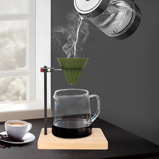 Pour Over Coffee Maker Set - Silicone Dripper, Ruggedly Elegant Solid Wood Base, Carbon Fiber Stand, 40 Filters - 4 in 1 Perfect for Home, Office and Outdoors