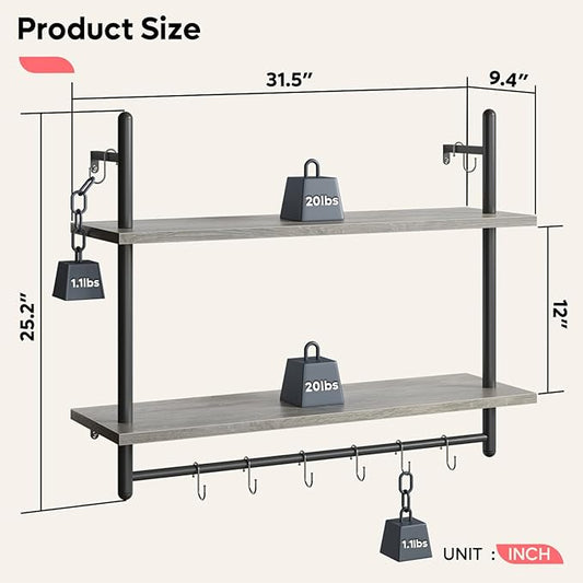 Bestier Pipe Shelf Industrial Floating Shelving 31" Kitchen Wall-Mounted Shelves with 8 Towel Bar Hooks Coffee Bar Shelf Wine Hanging Display Rack Bookshelf Living Room Decor Bathroom-Retro Grey