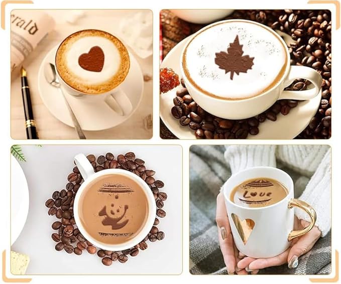 44 Coffee Stencils+2 Mesh Powder Shakers+1 Coffee Latte Art Pen, Coffee Decoration Stencils Coffee Art Templates Coffee Mold Tool for Christmas Thanksgiving Cake Coffee