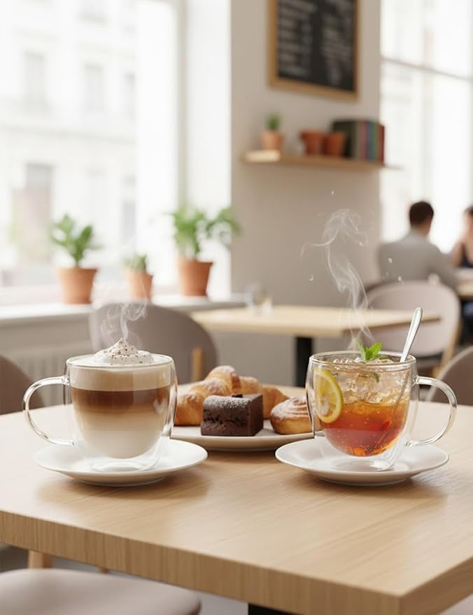 Set of 4 Double Walled Glass Coffee Mugs with Handles, 8.5oz Clear Coffee Mugs for Hot/Cold Beverages, Insulated Borosilicate Glass Cups for Cappuccino, Espresso, Latte, Tea, Milk, Microwave Safe
