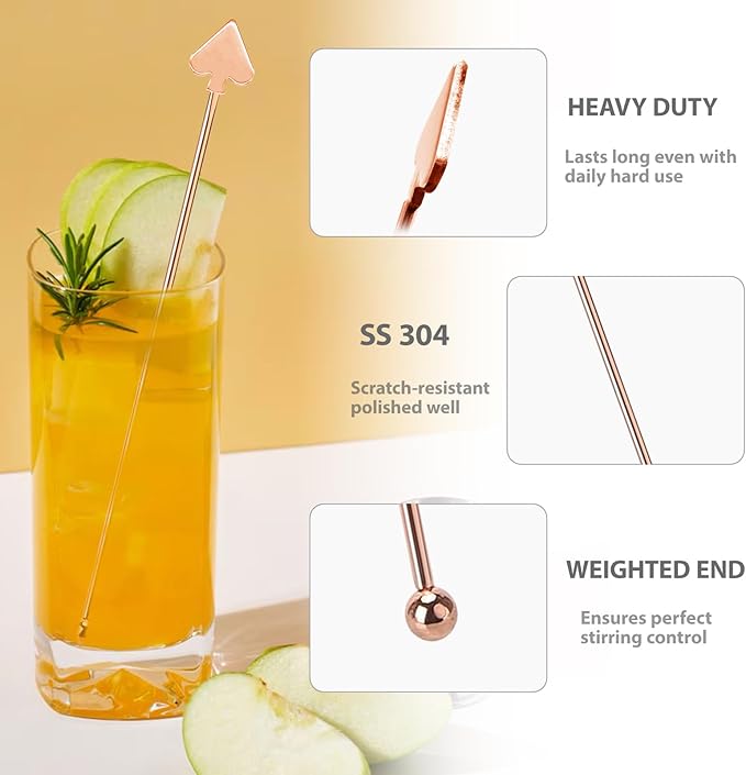Poker Card Coffee Stirrers 7.4" Stainless Steel Beverage Stir Sticks Cocktail Stirrers Swizzle Stick Picks Tools for Smoothie, Milkshake, Coffee, Cocktail, Tea(Rose Gold)