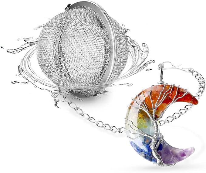 NSTagate Tea Infuser Loose Leaf Tea Steeper 7 Chakra Healing Crystal Tree Life Wire Wrapped Crescent Moon Pendant Tea Strainers for Loose Tea Natural Reiki Spiritual Quartz Gemstone Tea Ball