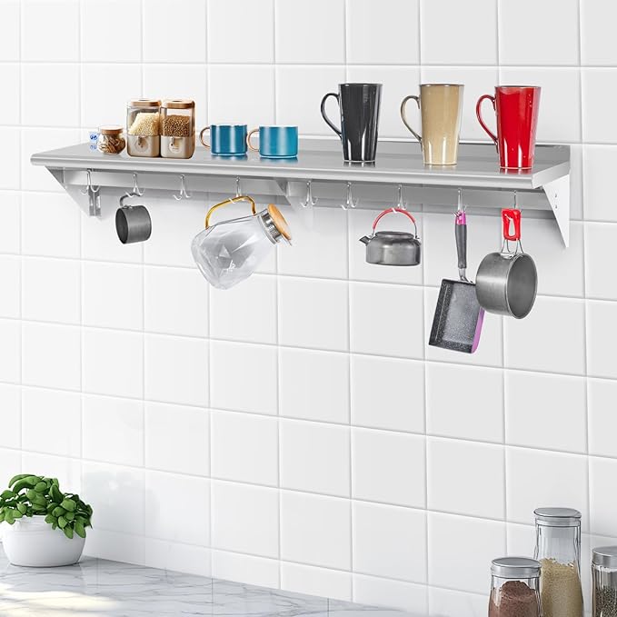 Hally Stainless Steel Shelf with 8 Hooks 14" x 60" Wall Mounted Pot Rack 400lb, NSF Commercial Floating Shelving for Storage Hanging Pots, Pans, cookware in Restaurant, Kitchen, Home and Hotel