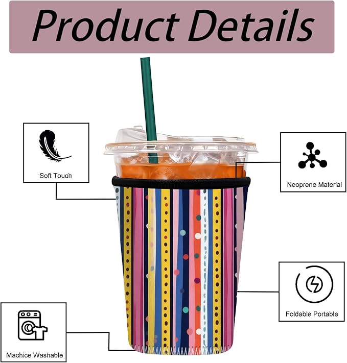 Neoprene Iced Coffee Sleeve 3 Pack, Reusable Insulated Cup Holder with Colorful Stripe & Polka Dot Pattern, Fits 16–32 oz Tumblers, Compatible with Starbucks & Dunkin